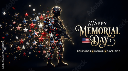 Graphic illustration of a soldier composed of stars and stripes, with 'happy memorial day' text