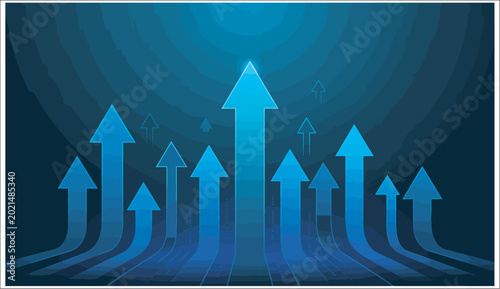 Collection of blue arrows ascending towards a bright light, signifying advancement and achievement.