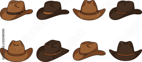 Foto Brown cowboy hats vector illustration collection with classic leather headwear a