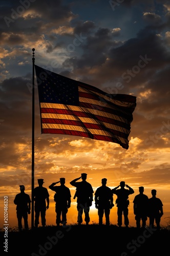 Soldiers Salute Under the American Flag During Sunset at a Military Ceremony in the United States