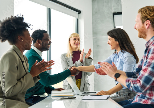 Quadro su tela Group of young business people having a meeting shaking hands handshake introducing each other and applauding during meeting in the office