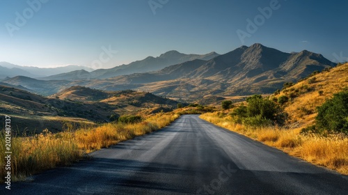 An empty road running through a natural landscape with green hills and blue sky, photorealistic and cinematic.