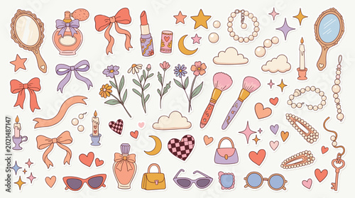 Quadro su tela Retro coquette aesthetic vector elements, vintage feminine fashion icons set, pa