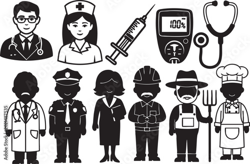 Professionals silhouette set doctor nurse police officer farmer chef construction worker.
