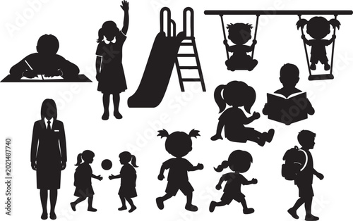 Children playing on playground equipment, kids silhouettes on swings slide and park activities.