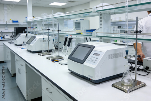 Tableau sur toile Modern laboratory equipment with scientific instruments and glassware on a clean