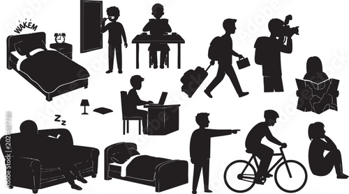 People daily routine, man brushing teeth bed waking up working and traveling suitcase.