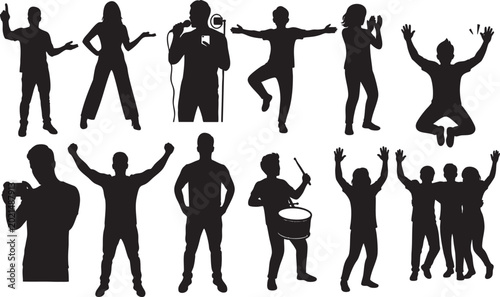 Happy people celebrating, dancing and singing with microphone, party and concert crowd.