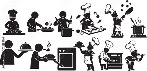 Chefs cooking in kitchen, serving food, baking, preparing meals.