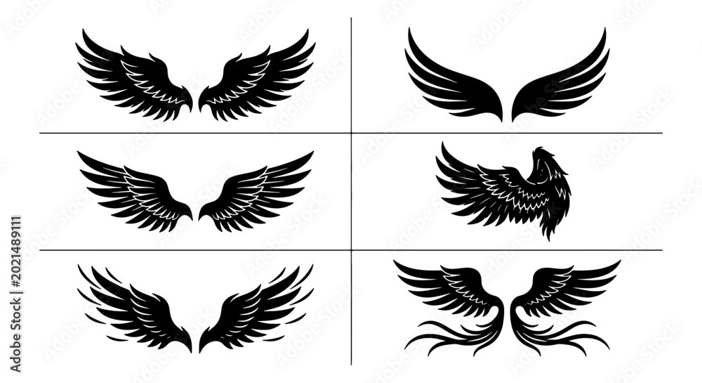Obraz premium Black Angel Wings Vector Icons Set, Feathered Wing Graphics for Tattoos, Emblems, and Design Elements