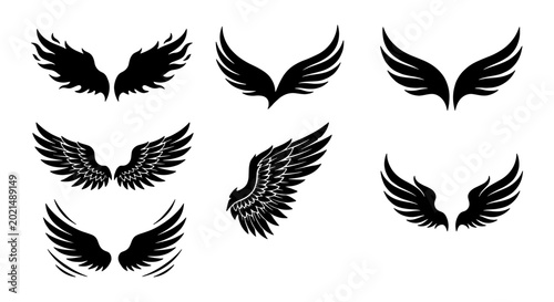Bild auf Leinwand Diverse Black Wing Silhouettes, Angelic Feathered Designs, Stylized Bird Wings,