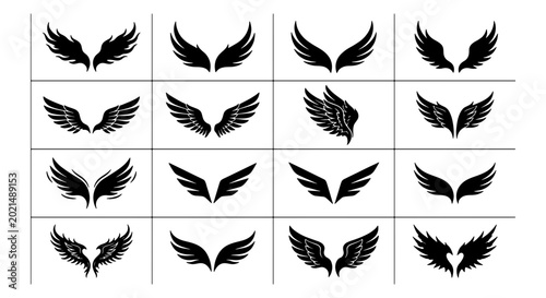 Foto Diverse Black Wing Icons Set, Angelic Feathered Designs, Heraldic Symbols, Vecto