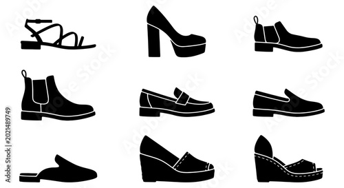 Fotografía Diverse Footwear Collection, 9 Black Vector Icons for Fashion and Style, Versati