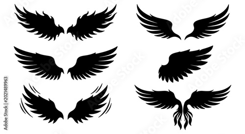 Bild auf Leinwand Set of Six Black Angel Wings Silhouettes, Diverse Feather Designs, Graphic Eleme