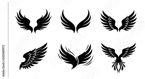 Tableau sur toile Black Vector Wings Collection, Angelic Feathered Symbols, Heraldic Emblem Elemen