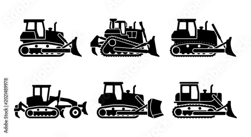 Foto Heavy Construction Equipment Icons: Bulldozer, Grader, Crawler Tractor Silhouett