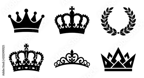 Fotografia Royal Crown and Laurel Wreath Icons, Vector Set: Regal Symbols of Power, Victory