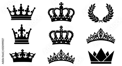 Quadro su tela Royal Crowns and Laurel Wreath Vector Icons, Regal Symbols of Power and Victory,