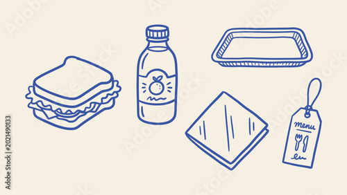 Fotografie Blue line art icons of a sandwich, juice bottle, tray, napkin, and menu tag