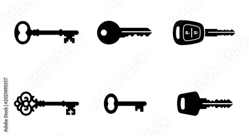 Foto Vintage Skeleton Keys and Modern Car Keys Vector Icons Set, Black Silhouette Col