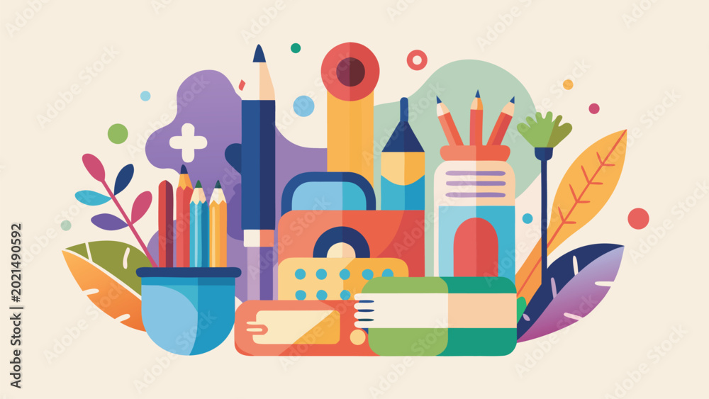 Naklejka premium Colorful school and art supplies arrangement with pencils and paint tools