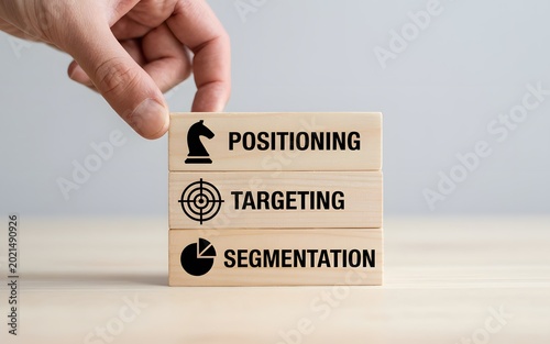 Strategic business planning concept with hand placing wooden blocks labeled Segmentation, Targeting, and Positioning for market success and corporate growth