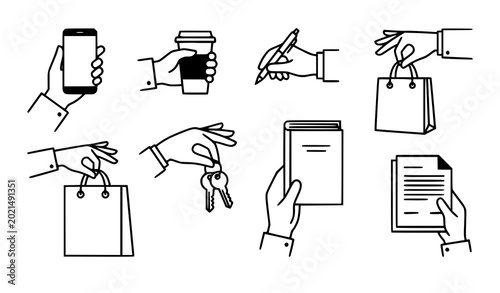 Hands holding objects icon set vector outline human gesture symbols isolated on white
