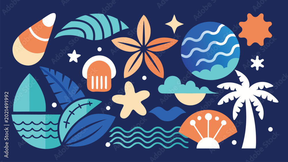 Fototapeta premium Summer beach icons pattern with seashells palm tree and sun decorative elements