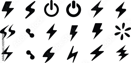 Collection of electricity and power icons with lightning bolts energy symbols and switch buttons isolated on background