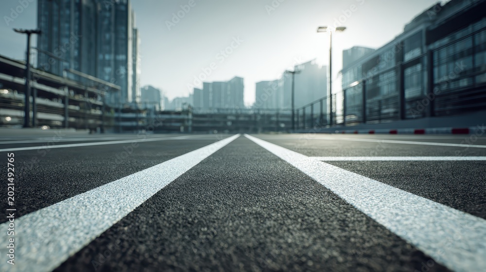 Fototapeta premium Empty asphalt parking lot with white diagonal lane markings seen from a low angle perspective. AI generated image