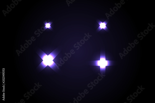 Four bright glowing star shapes with purple light rays on a dark black background
