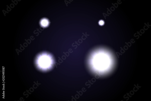 Bright glowing white light orbs and stars shining in deep dark space background
