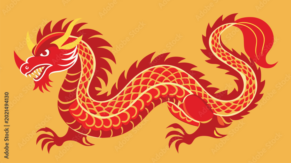 Obraz premium Vibrant red and gold chinese dragon illustration with detailed patterns on a yellow background, a powerful cultural symbol