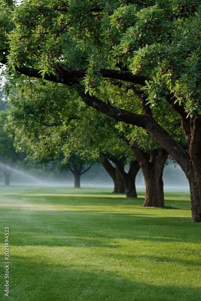 Fototapeta premium Orchard trees lining sunlit grassy fairway with sprinklers