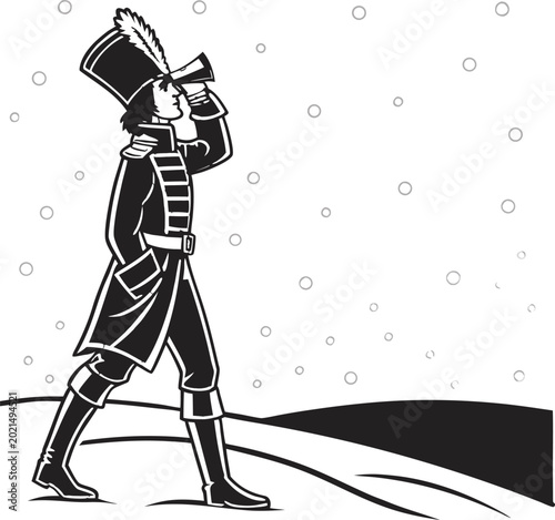 Slika na platnu Vintage military officer, winter landscape, black and white vector, illustration