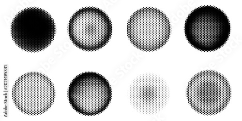 Halftone gradient circles collection. Dots textured round patterns. Cartoon comic radial faded background set. Abstract pixelated elements for frame, poster, collage, banner, flyer. Vector bundle
