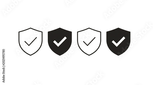 Minimalist security shield checkmark icons a flat vector design set for web and mobile app interfaces symbolizing protection and verification