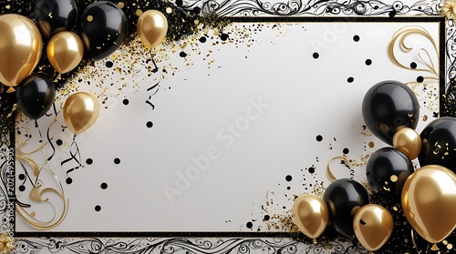White and gold frame background with black balloons and glitter for festive design.