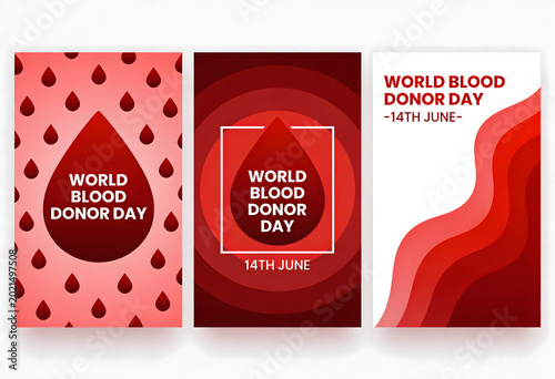 Vertical set of three posters for world blood donor day with red liquid droplets.