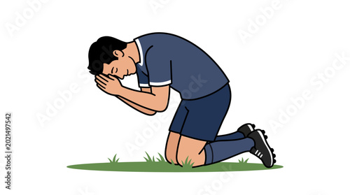 Soccer Player Kneeling Praying on Field, Hopeful Gesture, Sports Emotion