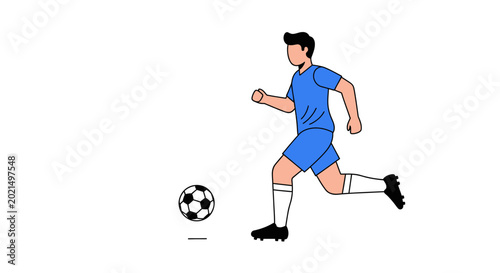 Soccer Player Running with Ball, Blue Uniform, White Background, Dynamic Action