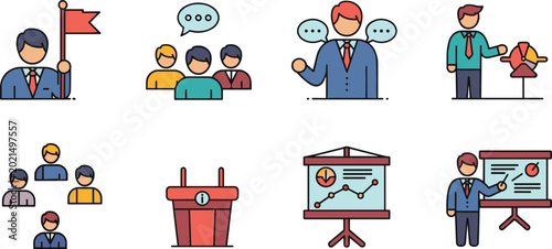 Cuadro en lienzo Leadership and Teamwork Icon Set Featuring Businessman, Group Discussion, Presen