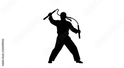Konstfotografi Silhouette of a martial artist wielding a kusari gama against a white background
