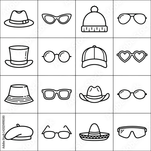 Collection of various hats and eyewear minimalist line icons