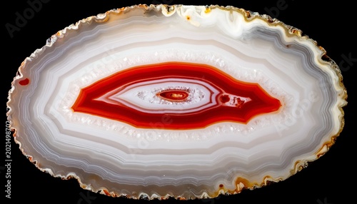 Sliced agate with red, white, and gray layers, creating an abstract eye shape