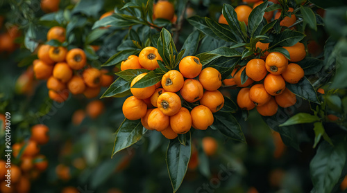 vibrant, high-resolution photograph featuring a kumquat tree laden with ripe fruit. The layout is a close-up shot, capturing the dense cluster of small, oval-shaped kumquats, which are bright orange i