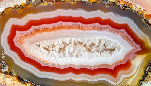 Geode slice showing concentric rings, white crystal center, and warm colors