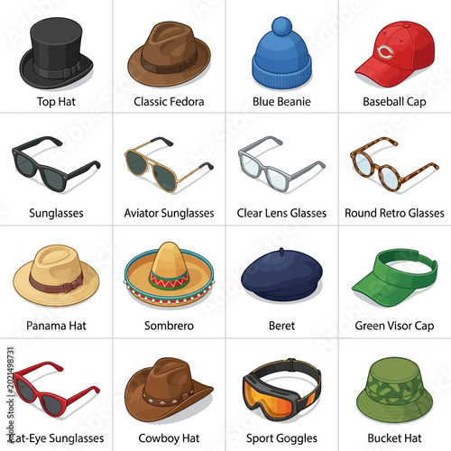 Isometric Illustration of Various Fashionable Hats and Eyewear Styles