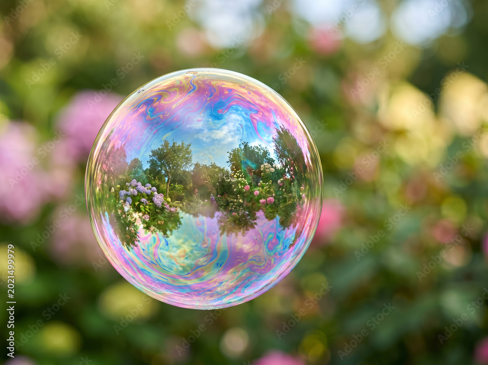 Fototapeta premium Colorful Soap Bubble Floating in Nature at Sunset
