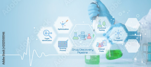 Tableau sur toile Illustrated drug discovery pipeline process showcasing stages from target identi